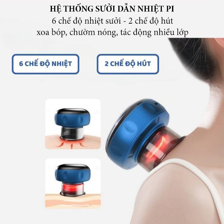 Máy giác hơi cạo gió cầm tay - Máy giác hơi massage thông minh 6 chế độ nhiệt, 2 chế độ hút đa năng tiện lợi