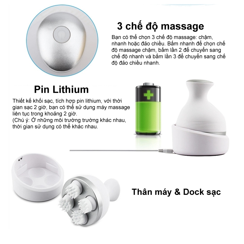 Máy massage đầu dưỡng sinh 3 chế độ, máy mát xa cầm tay 4 đầu silicon xoay 360 độ tiện lợi