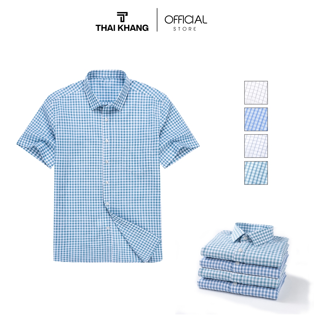 Áo sơ mi nam trung niên ngắn tay Thái Khang vải cotton họa tiết form classic thỏai mái AHOP12