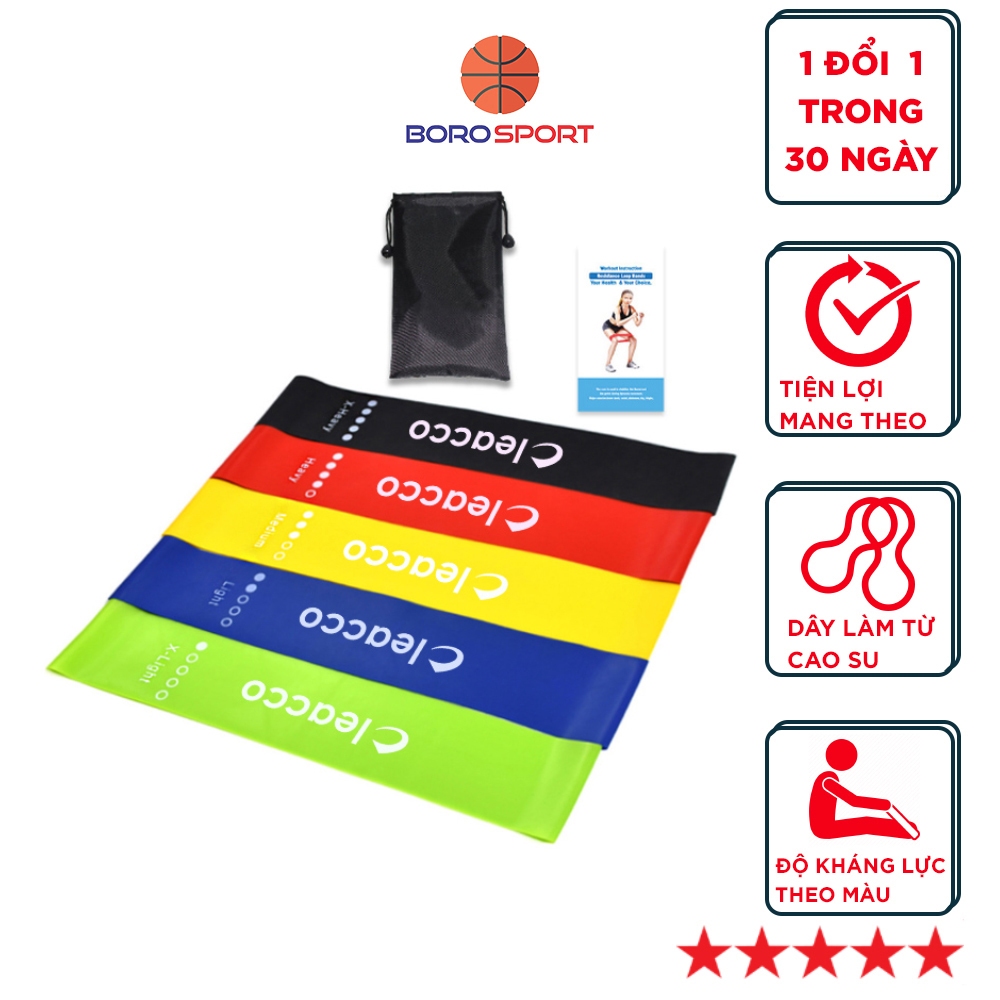 Bộ 5 dây mini band đàn hồi Cleacco  tập gym, tập yoga tập kháng lực cao cấp, dây đàn hồi tập thể dục Boro Sport
