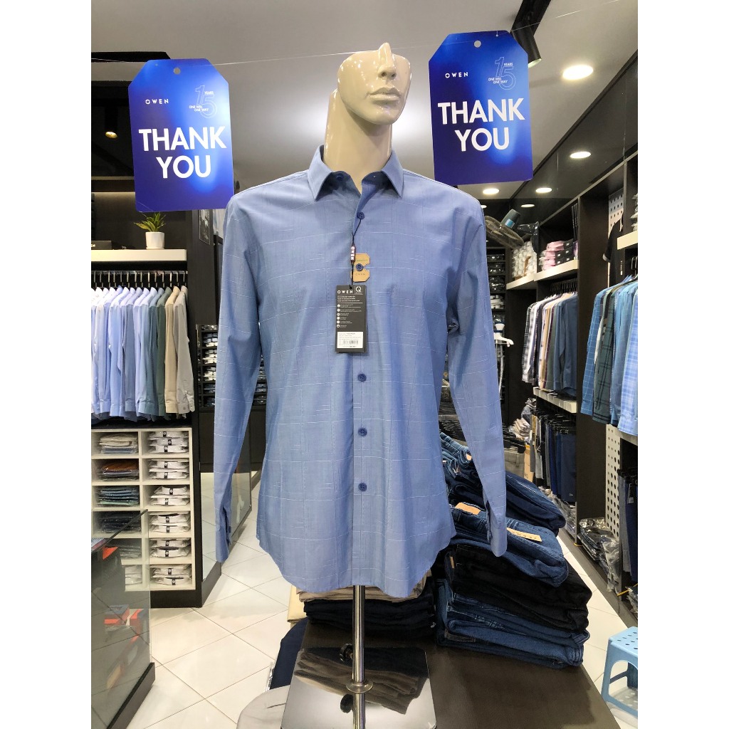 Áo sơ mi owen dài tay màu xanh navy oxford kẻ slim fit vải sợi tre AS220020D