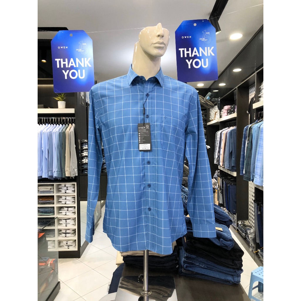 Áo sơ mi owen dài tay màu xanh caro trắng regular fit vải bạch đàn AR23406D