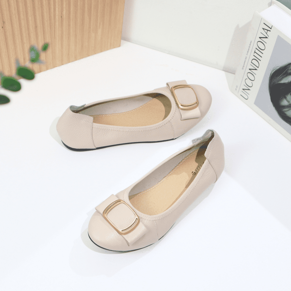 Giày búp bê nữ da thật êm mềm mũi tròn phối khóa 1211