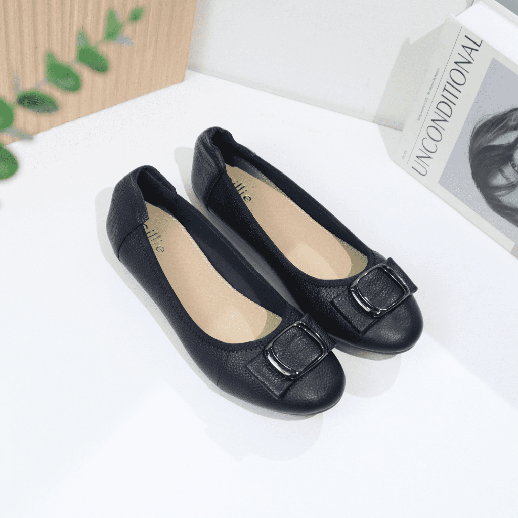 Giày búp bê nữ da thật êm mềm mũi tròn phối khóa 1211