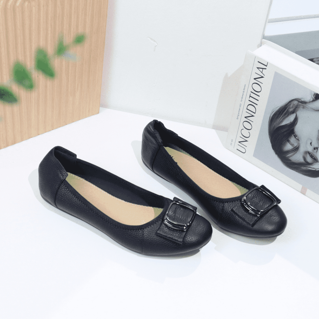 Giày búp bê nữ da thật êm mềm mũi tròn phối khóa 1211