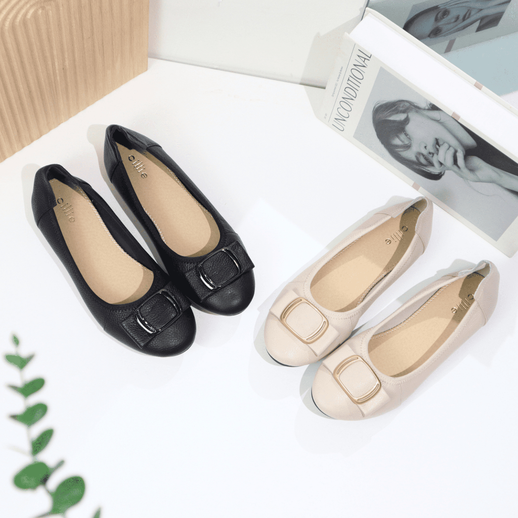 Giày búp bê nữ da thật êm mềm mũi tròn phối khóa 1211