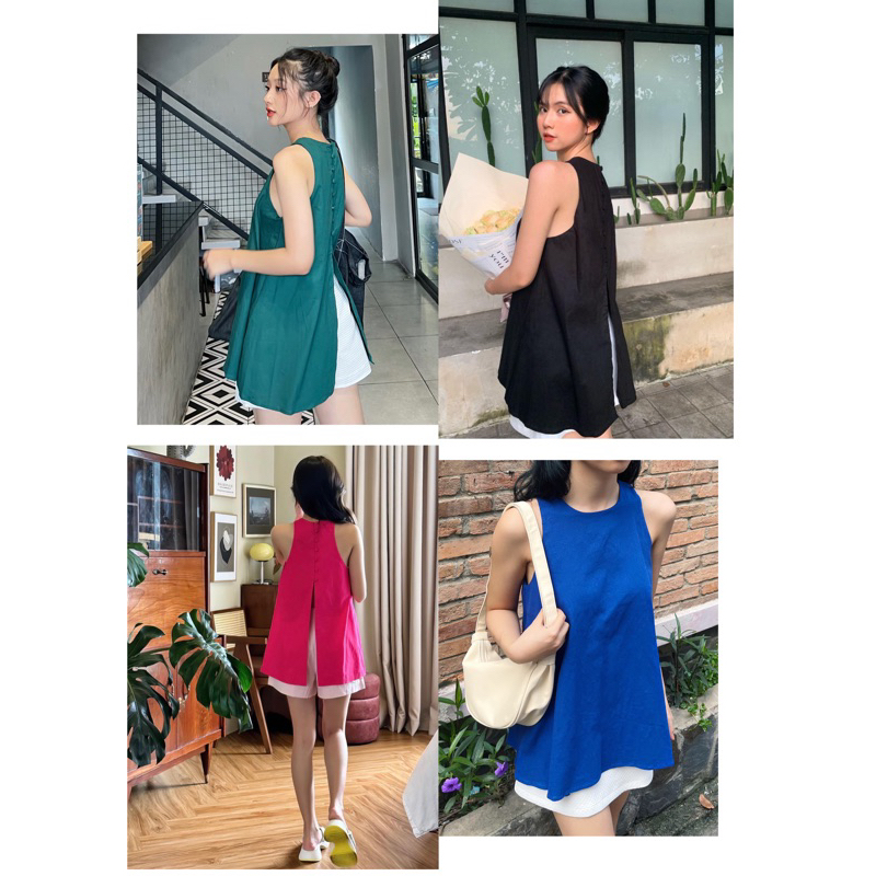 Áo Sát Nách Nữ Xẻ Lưng Linen- JiJi Top Xẻ Lưng Cài Cúc