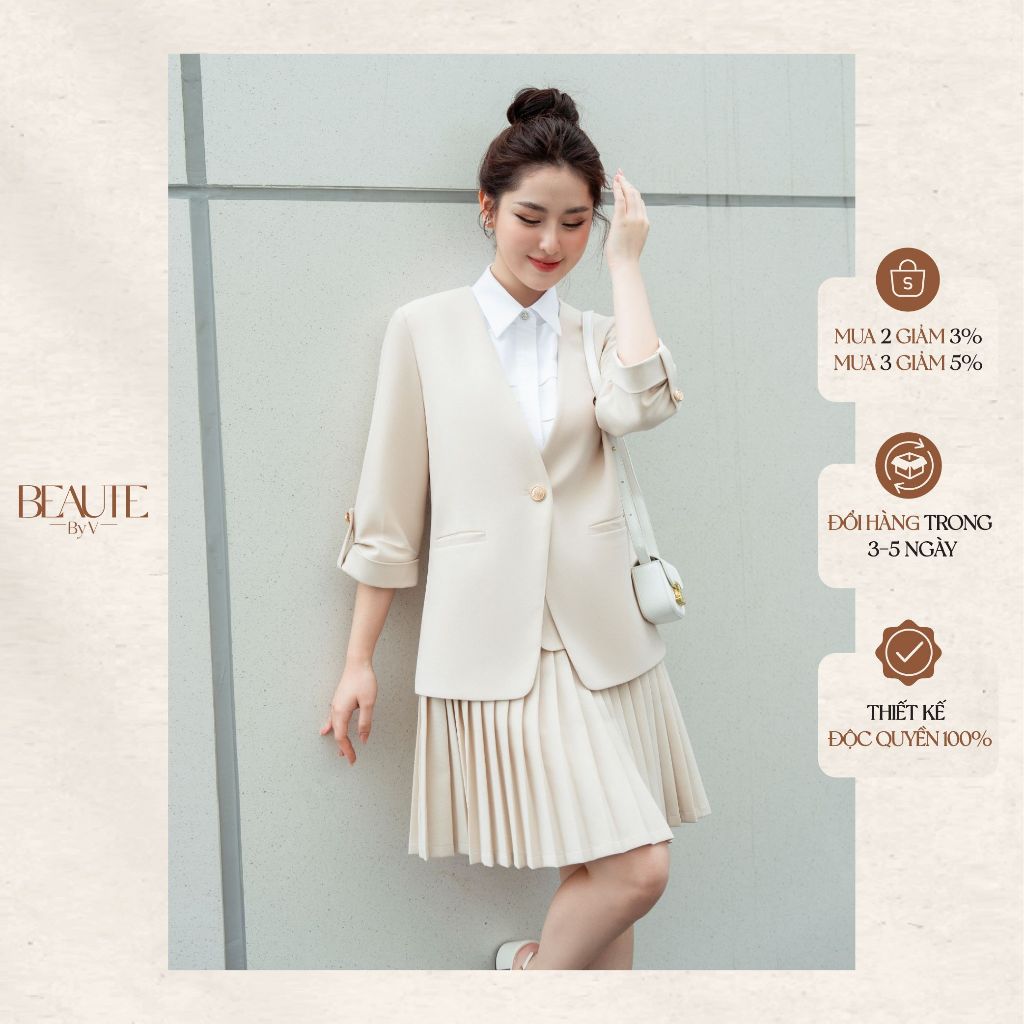 BEAUTEBYV - Áo blazer nữ không cổ tay nhún lửng Bruce