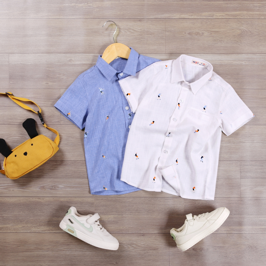 Áo Sơ Mi Linen Ngắn Tay Họa Tiết Ván Trượt Bé Trai