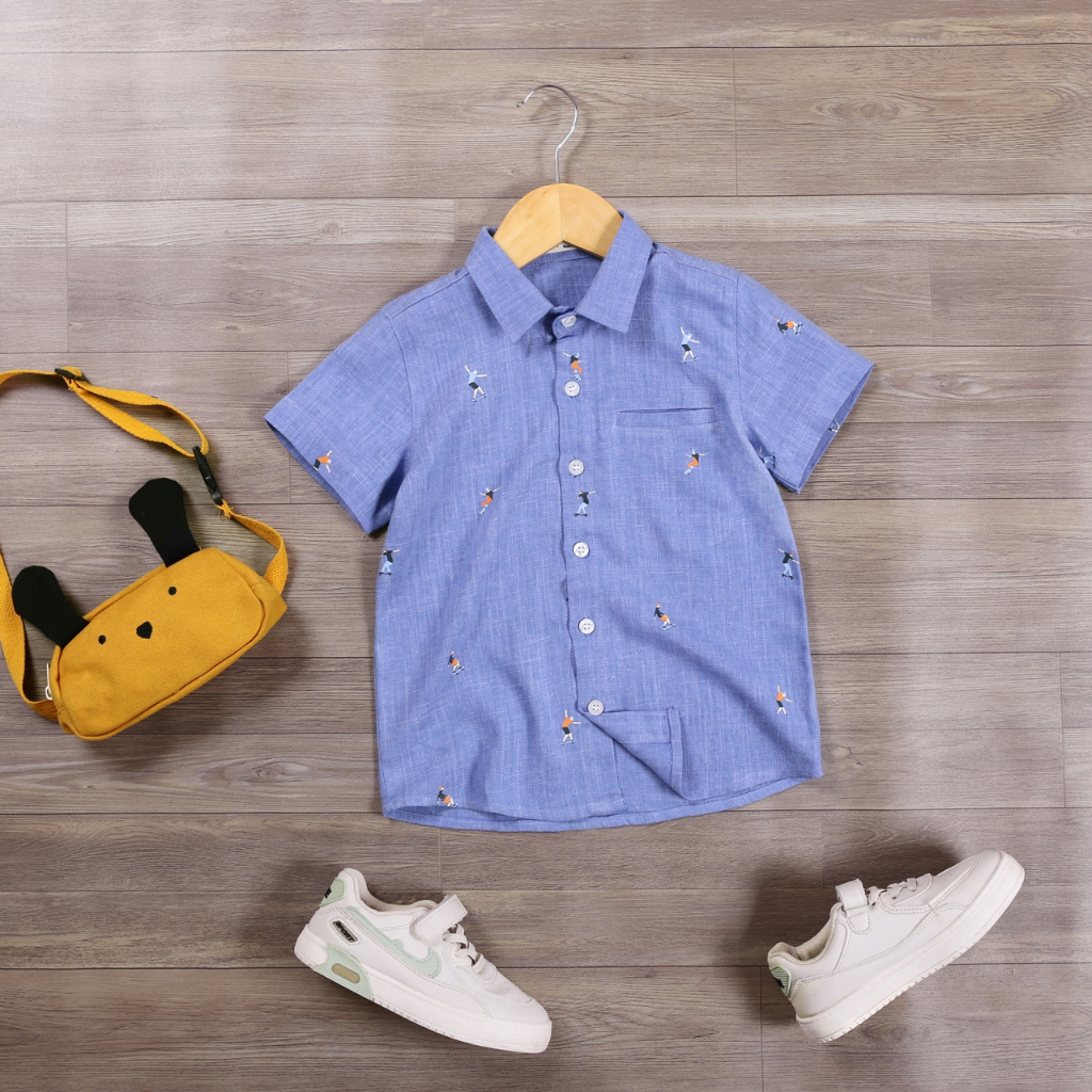 Áo Sơ Mi Linen Ngắn Tay Họa Tiết Ván Trượt Bé Trai