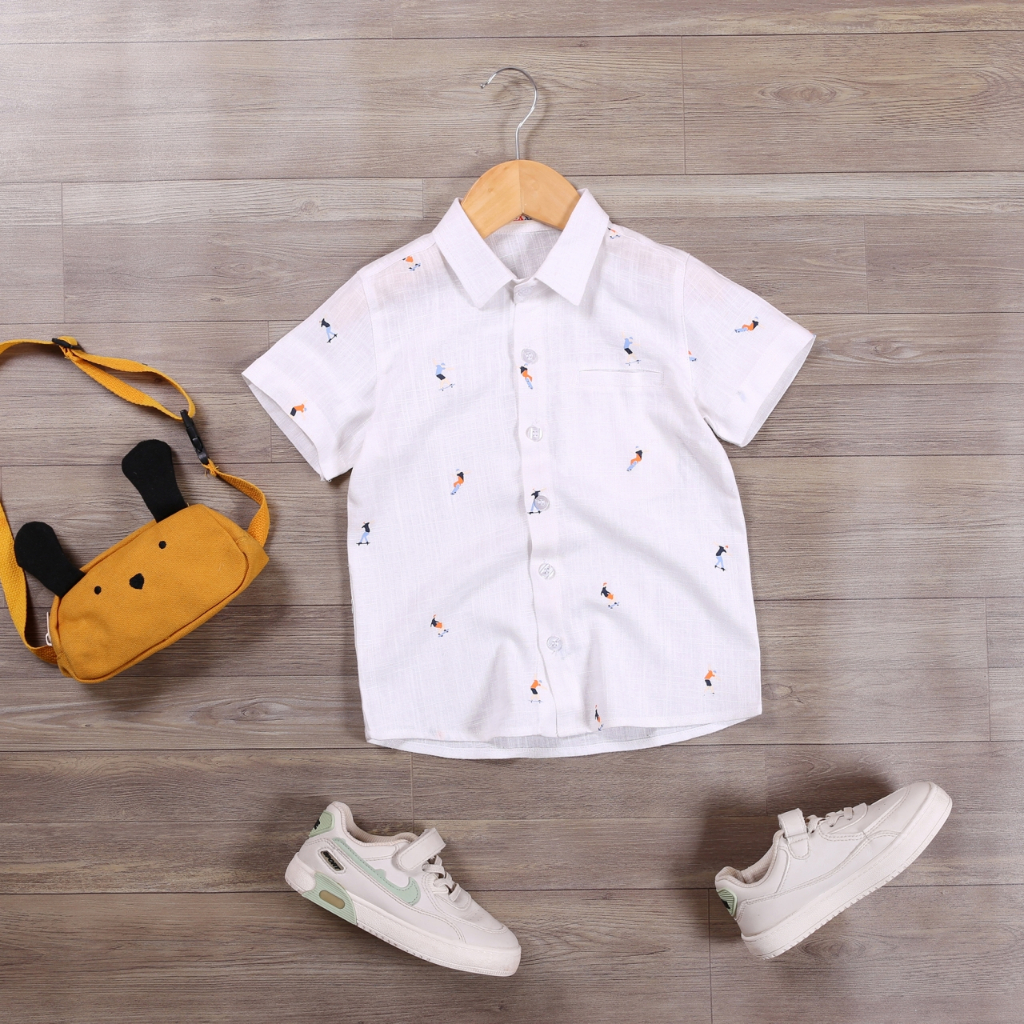 Áo Sơ Mi Linen Ngắn Tay Họa Tiết Ván Trượt Bé Trai