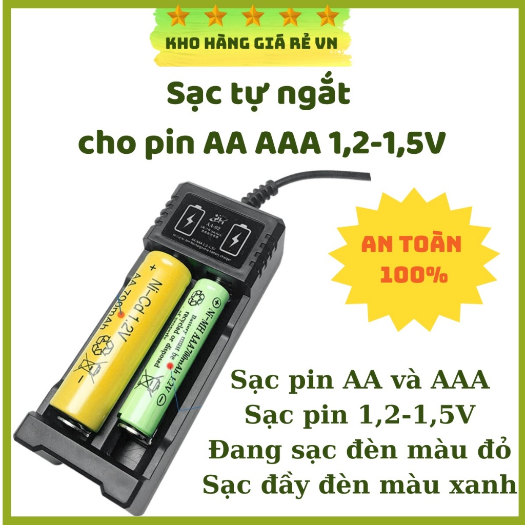 Bộ sạc nhanh pin tiểu AA và pin đũa AAA 1,2V - 1,5V tính năng tự ngắt tiện lợi và an toàn với giắc nguồn USB