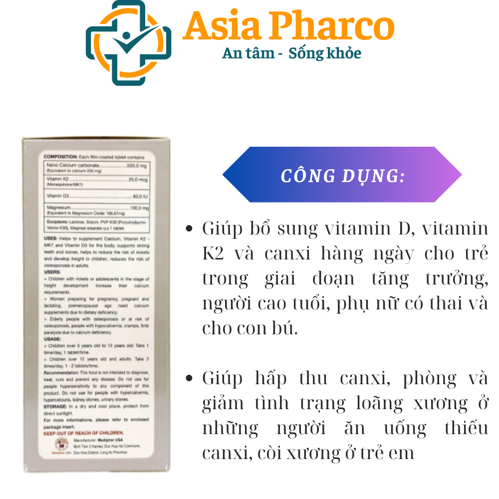 Calci Nano K2 Tăng chiều cao, phòng giảm loãng xương, còi xương