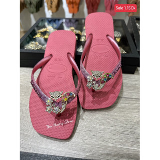 Dép Kẹp Nữ Havaianas Đế Vuông Kim Tuyến Đính Hồ Ly Hoa
