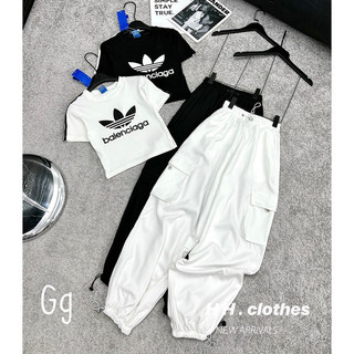 Set Bộ thể thao Áo Ôm logo Croptop + Quần Suông rộng Ống bo rút dây MaM