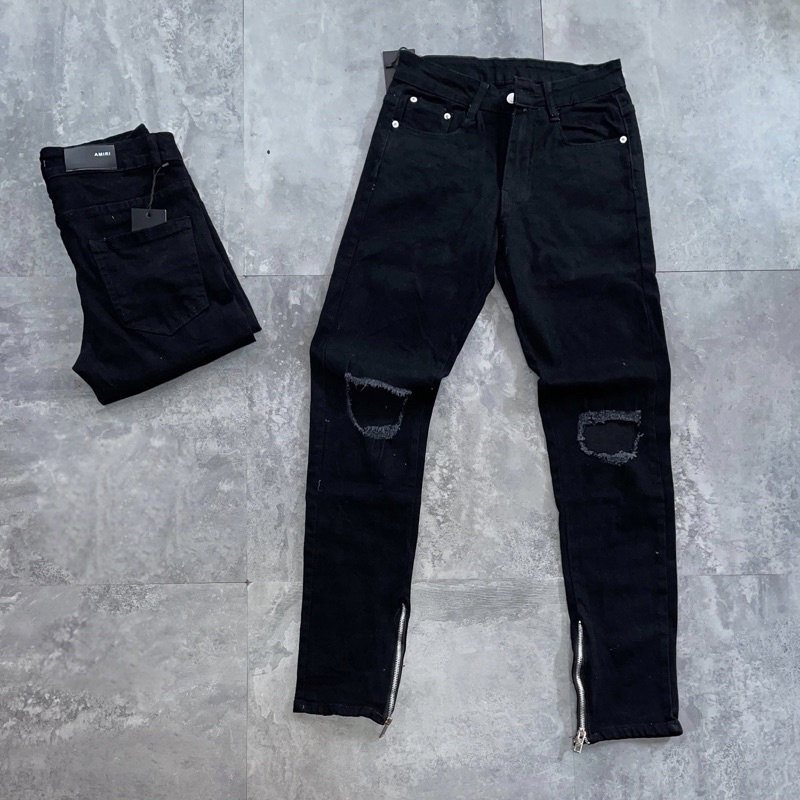 Quần Jean Streetwear Nam Rách Thủng Gối Khoá Zip Ống Dáng Slimfit Hot trend 2023