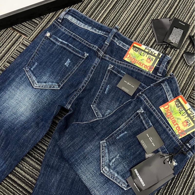 Quần jean bò nam DSQ2 biker slimfit xanh trơn thêu 2 khoá zip dọc eo phối mài xước đơn giản basic hot trend 2023