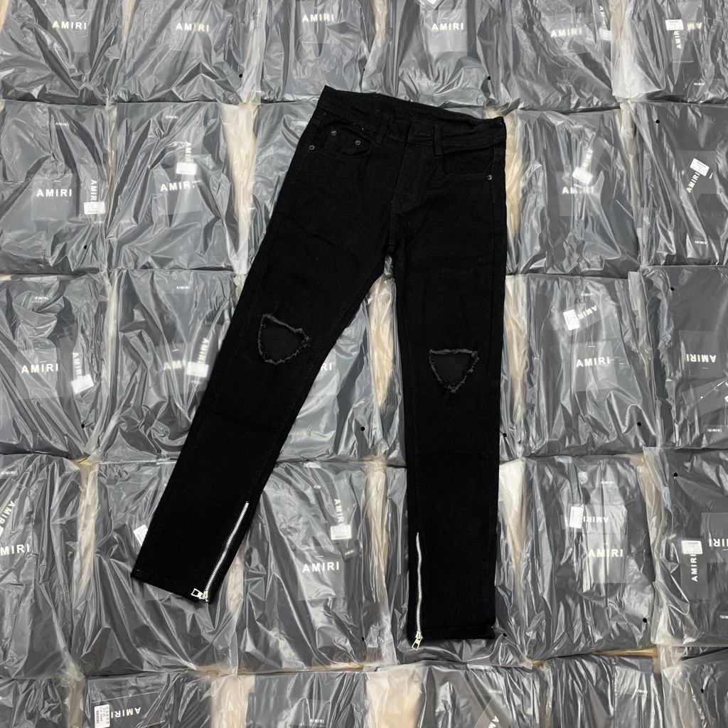 Quần Jean Streetwear Nam Rách Thủng Gối Khoá Zip Ống Dáng Slimfit Hot trend 2023