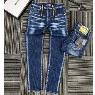  Quần jean bò nam DSQ2 biker slimfit xanh trơn thêu 2 khoá zip dọc eo phối mài xước đơn giản basic hot trend 2023 