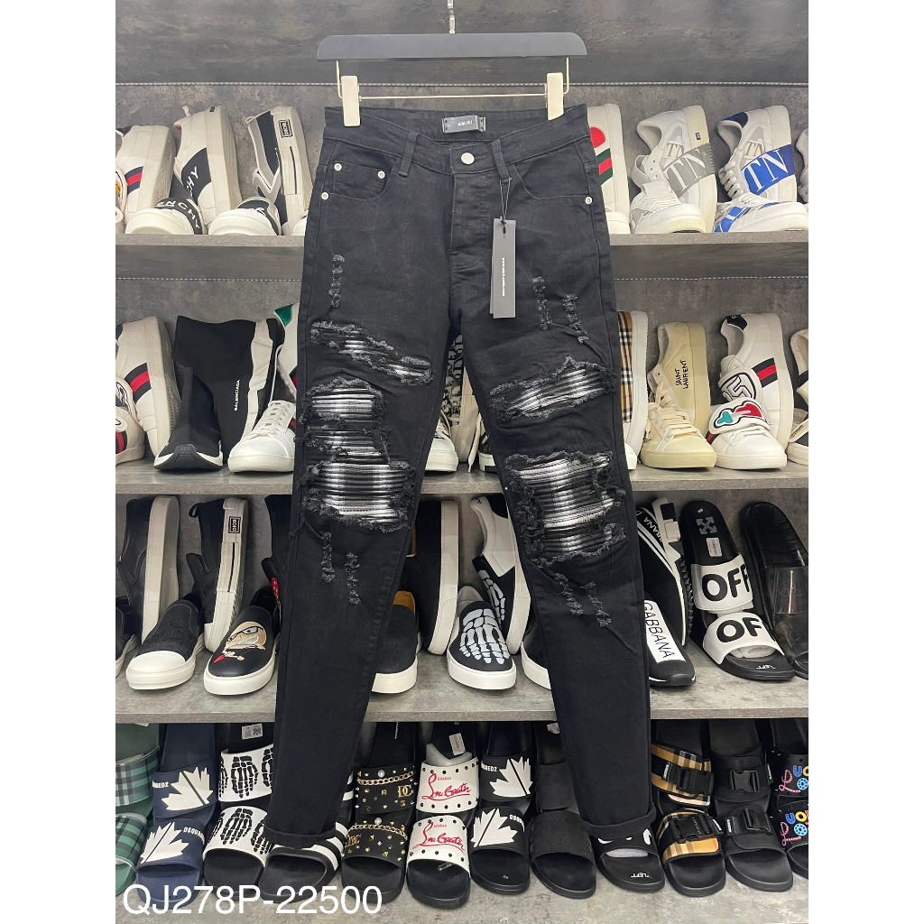 Quần jean bò nam Amiri slimfit đen rách tua dọc đùi vá vải nhăn sọc đen trắng 4 cúc chữ cao cấp HOT 2023