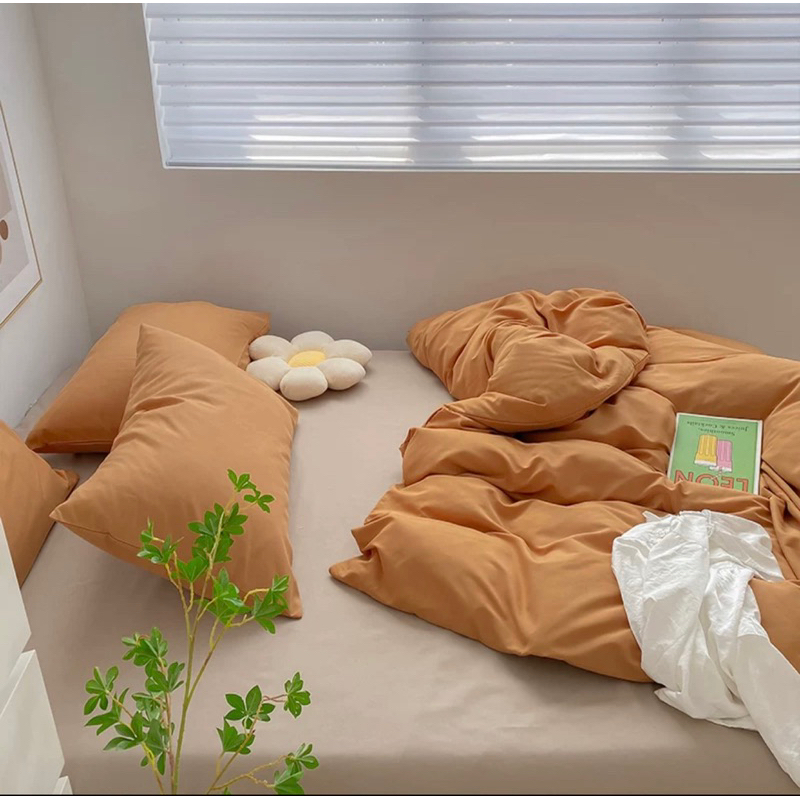Bộ chăn ga gối cotton tici  cotton đũi trơn dày decor phòng ngủ vintage màu cam đất mix be đủ mọi cỡ nệm
