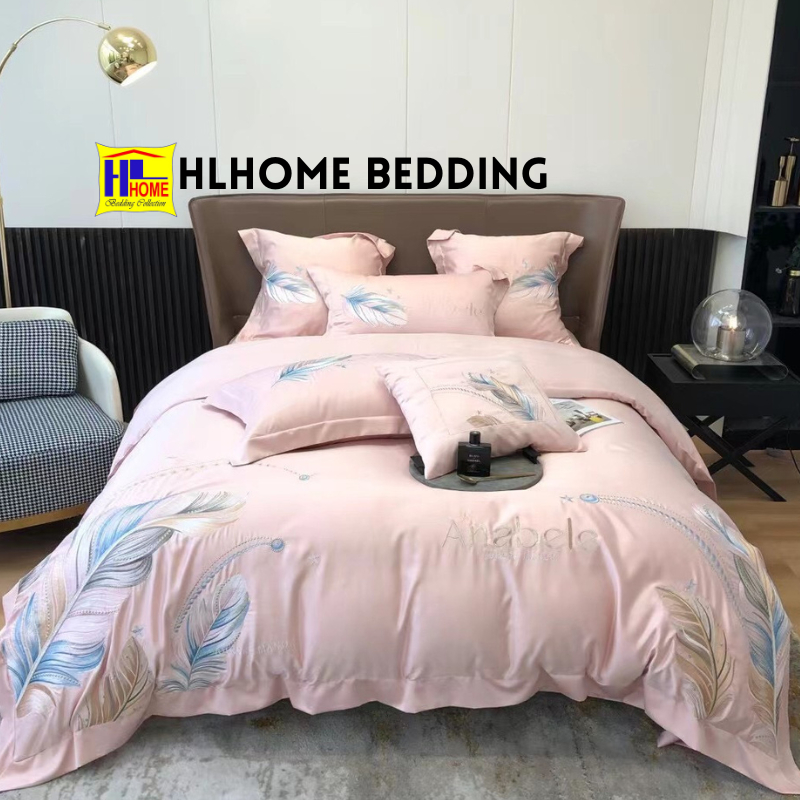 Bộ chăn ga gối Lụa silk thêu lông vũ Alabele set vỏ 4 món thêu cao cấp HL08