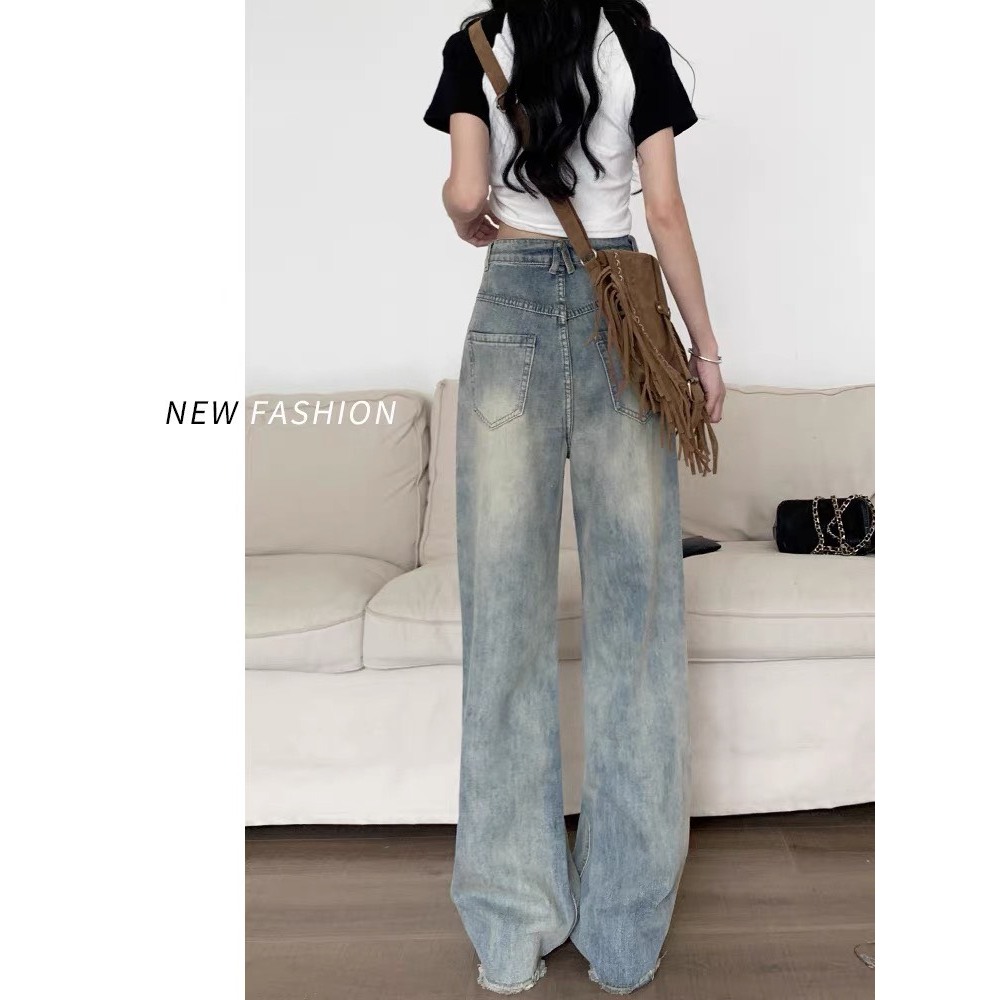 Quần jeans ống suông, quần bò ống suông màu xám khói tua rua gấu siêu xinh siêu đáng iu H55