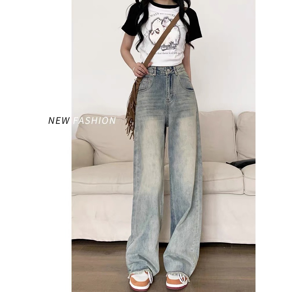 Quần jeans ống suông, quần bò ống suông màu xám khói tua rua gấu siêu xinh siêu đáng iu H55