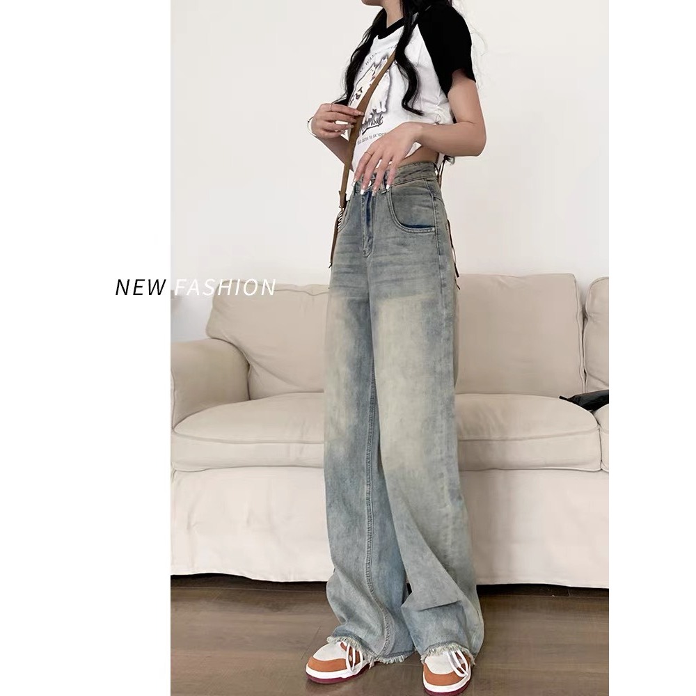 Quần jeans ống suông, quần bò ống suông màu xám khói tua rua gấu siêu xinh siêu đáng iu H55