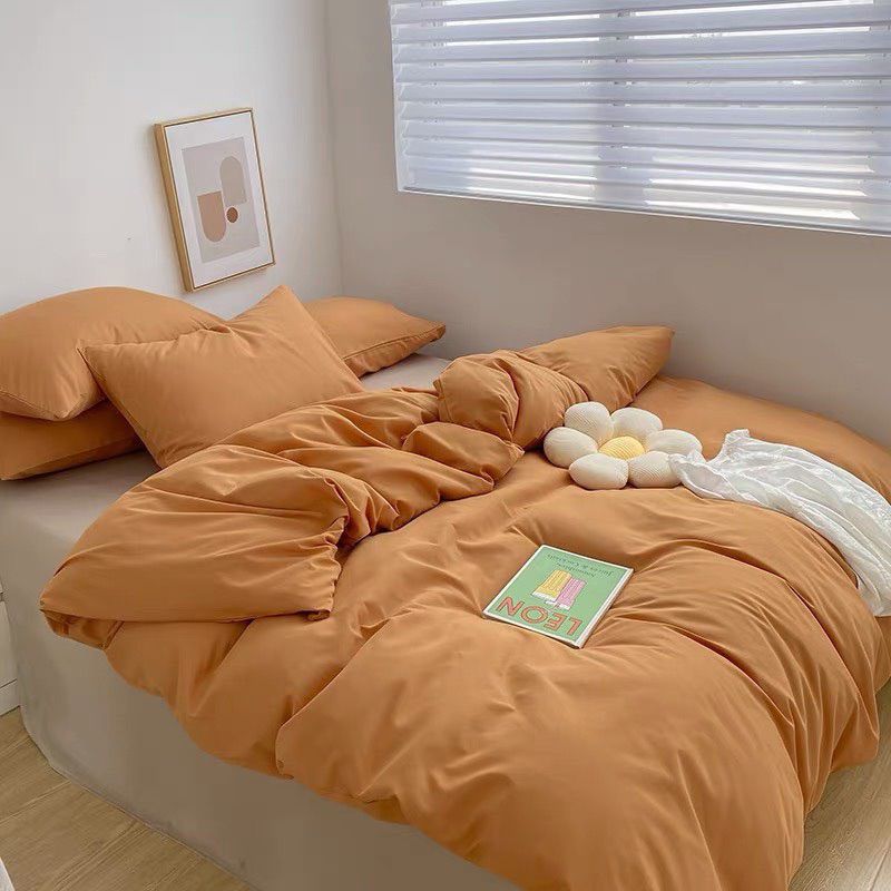 Bộ chăn ga gối cotton tici  cotton đũi trơn dày decor phòng ngủ vintage màu cam đất mix be đủ mọi cỡ nệm