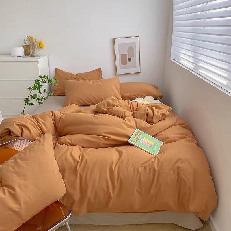 Bộ chăn ga gối cotton tici  cotton đũi trơn dày decor phòng ngủ vintage màu cam đất mix be đủ mọi cỡ nệm