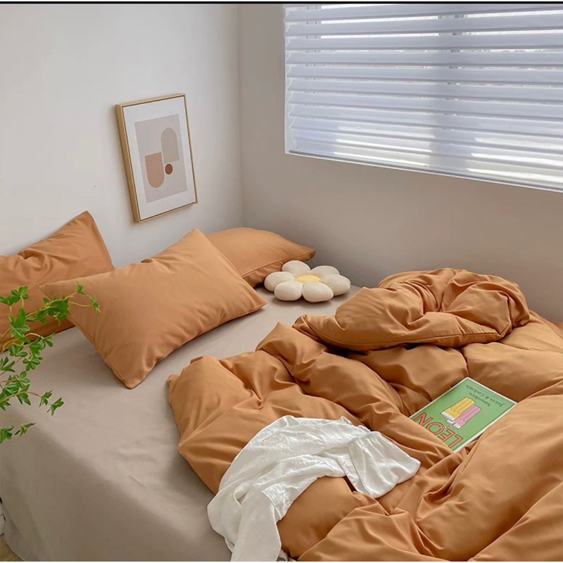 Bộ chăn ga gối cotton tici  cotton đũi trơn dày decor phòng ngủ vintage màu cam đất mix be đủ mọi cỡ nệm