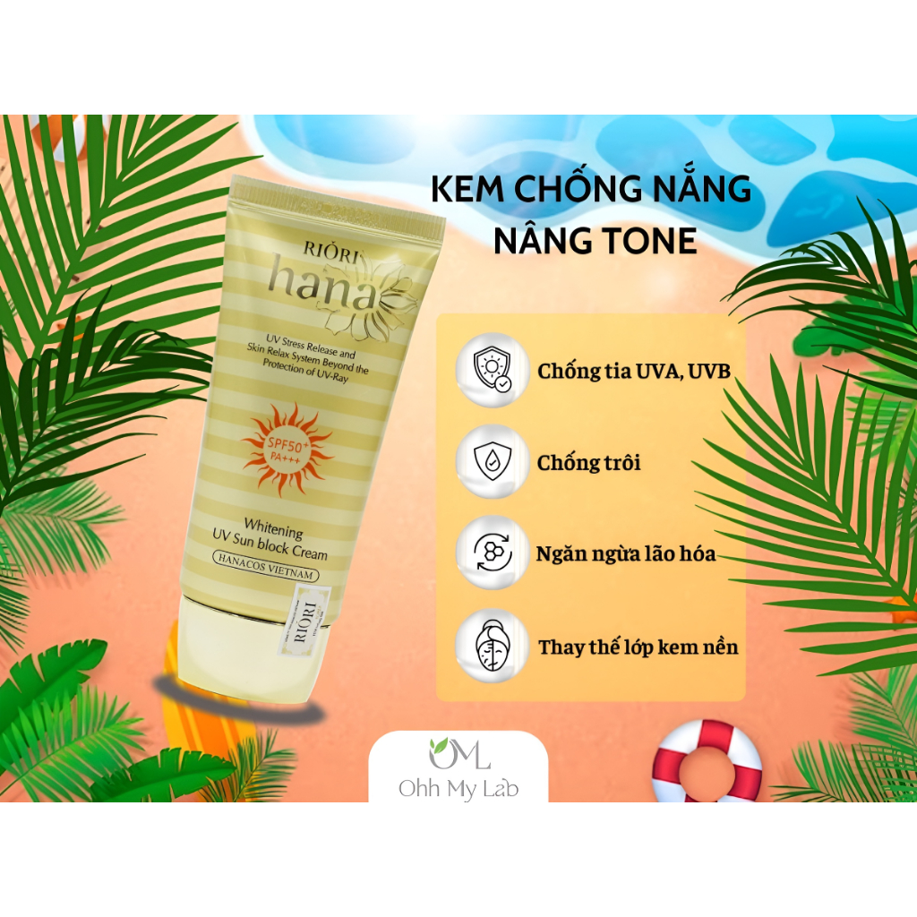 Kem Chống Nắng Nâng Tone SPF 50+ RIORI HANA Whitening UV Sun Block Cream 50g