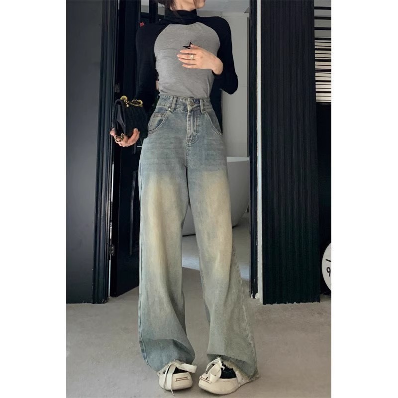 Quần jeans ống suông, quần bò ống suông màu xám khói tua rua gấu siêu xinh siêu đáng iu H55