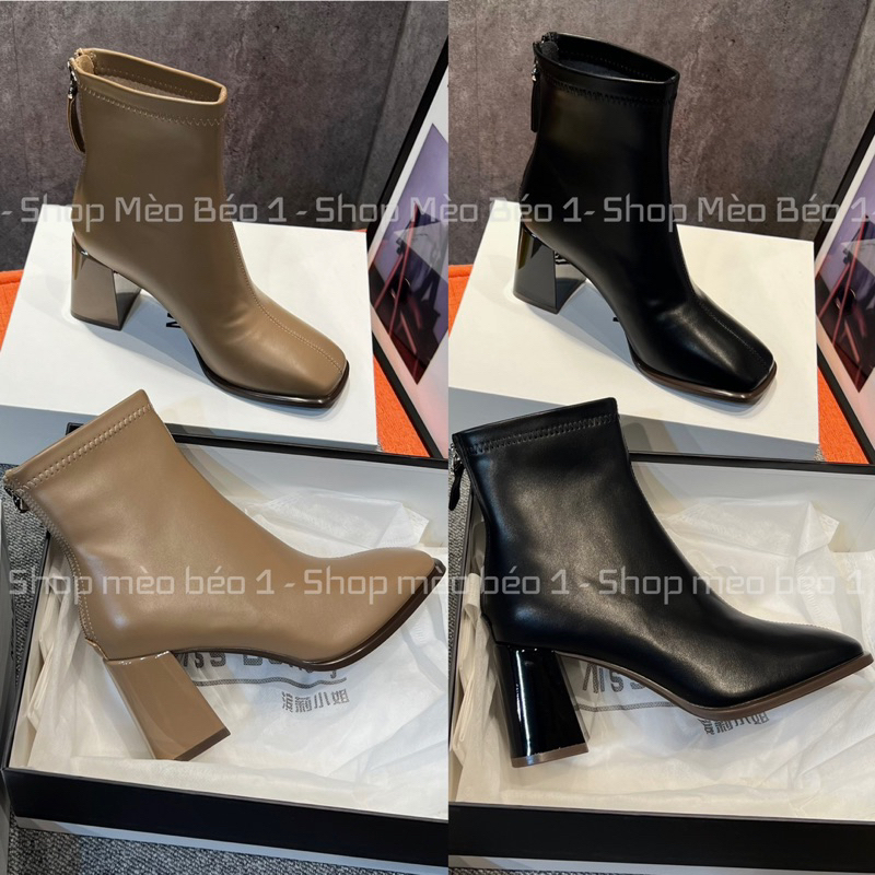 Bốt boot lửng mũi vuông da lì khoá sau gót trụ fullbox hàng quảng châu cao cấp
