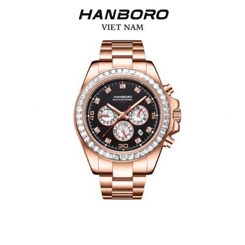 Đồng hồ nam Hanboro automatic Crystal bezel đá trắng 42mm chính hãng