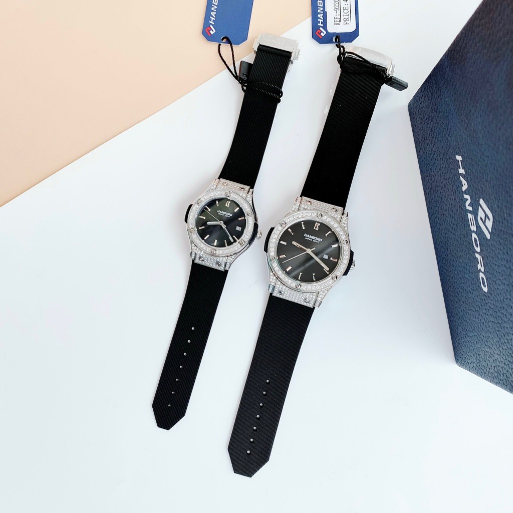 Đồng hồ đôi Hanboro đính kim cương nhân tạo Swarovski (có bán lẻ chiếc)