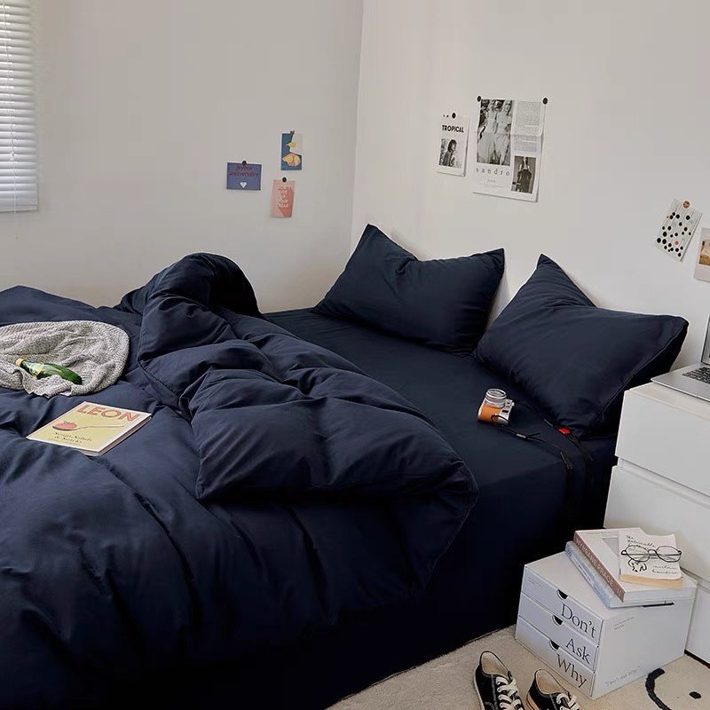 Bộ chăn ga gối cotton tici  cotton đũi trơn dày decor phòng ngủ vintage màu xanh than full đủ mọi cỡ nệm