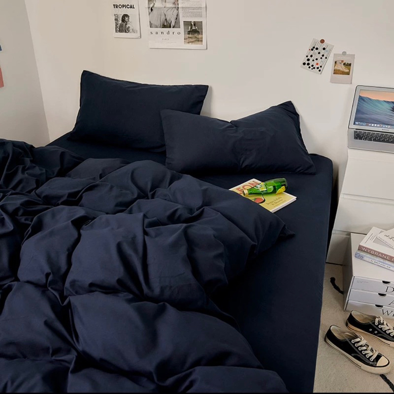 Bộ chăn ga gối cotton tici  cotton đũi trơn dày decor phòng ngủ vintage màu xanh than full đủ mọi cỡ nệm