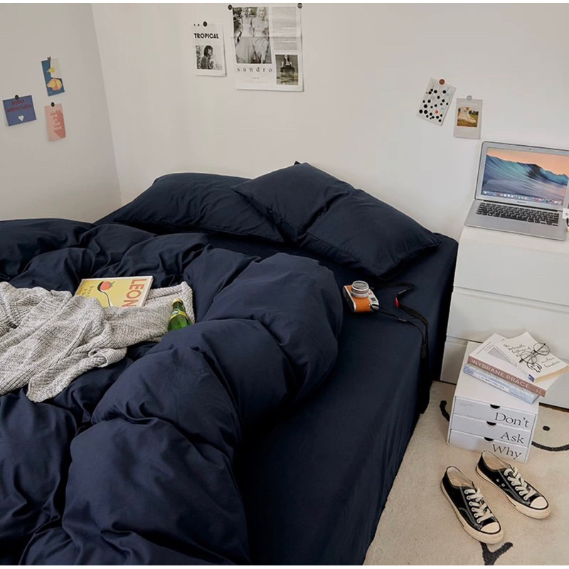 Bộ chăn ga gối cotton tici  cotton đũi trơn dày decor phòng ngủ vintage màu xanh than full đủ mọi cỡ nệm