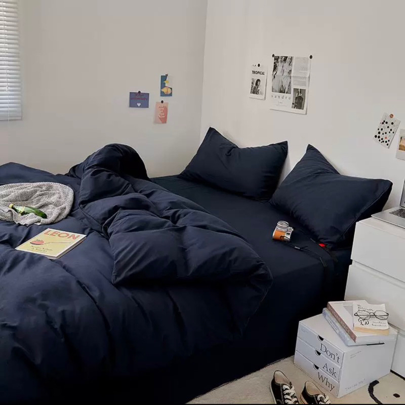 Bộ chăn ga gối cotton tici  cotton đũi trơn dày decor phòng ngủ vintage màu xanh than full đủ mọi cỡ nệm