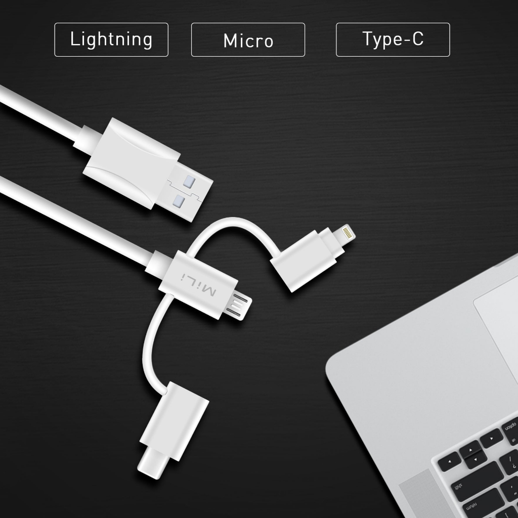 Cáp sạc 3in1 MiLi - HI-L31 Lightning to USB to type C dài 1m, chịu nhiệt, chống cháy