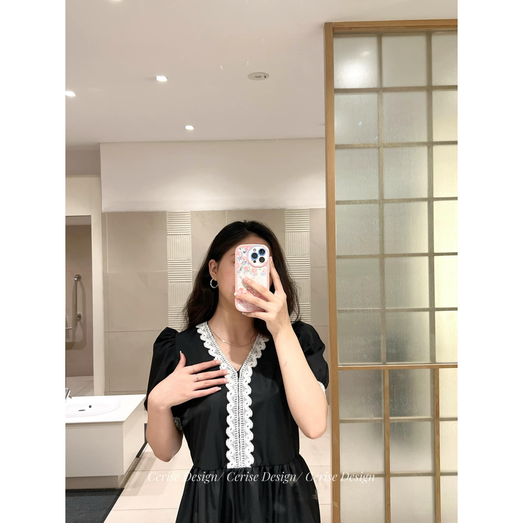 Váy Baby Doll Cerise ngắn tay có ren trước ngực điệu đà tay bồng chân váy rút nhăn chất liệu thô trơn mềm mại full size