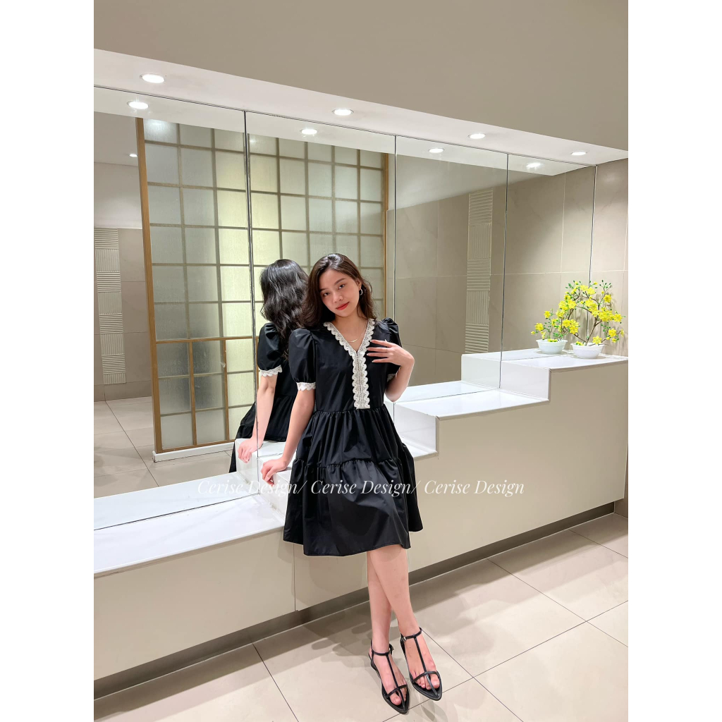 Váy Baby Doll Cerise ngắn tay có ren trước ngực điệu đà tay bồng chân váy rút nhăn chất liệu thô trơn mềm mại full size