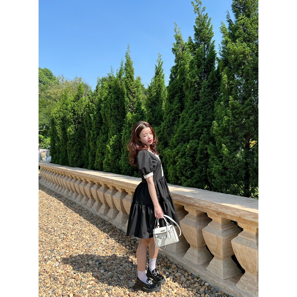 Váy Baby Doll Cerise ngắn tay có ren trước ngực điệu đà tay bồng chân váy rút nhăn chất liệu thô trơn mềm mại full size