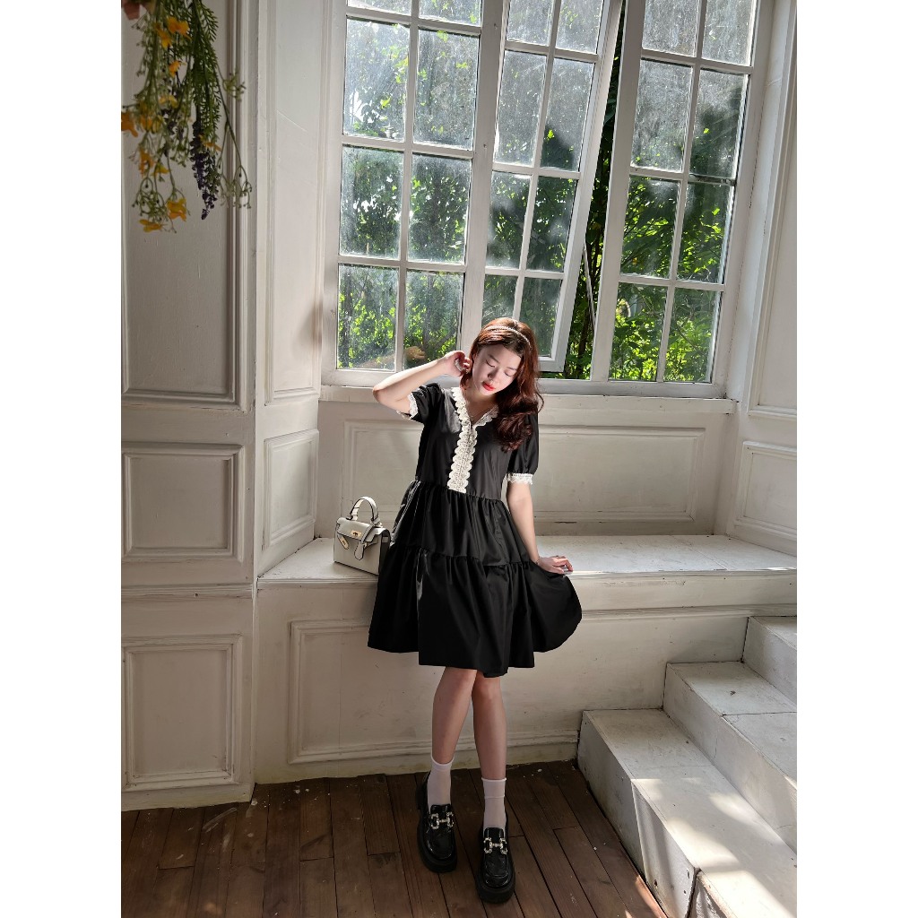 Váy Baby Doll Cerise ngắn tay có ren trước ngực điệu đà tay bồng chân váy rút nhăn chất liệu thô trơn mềm mại full size