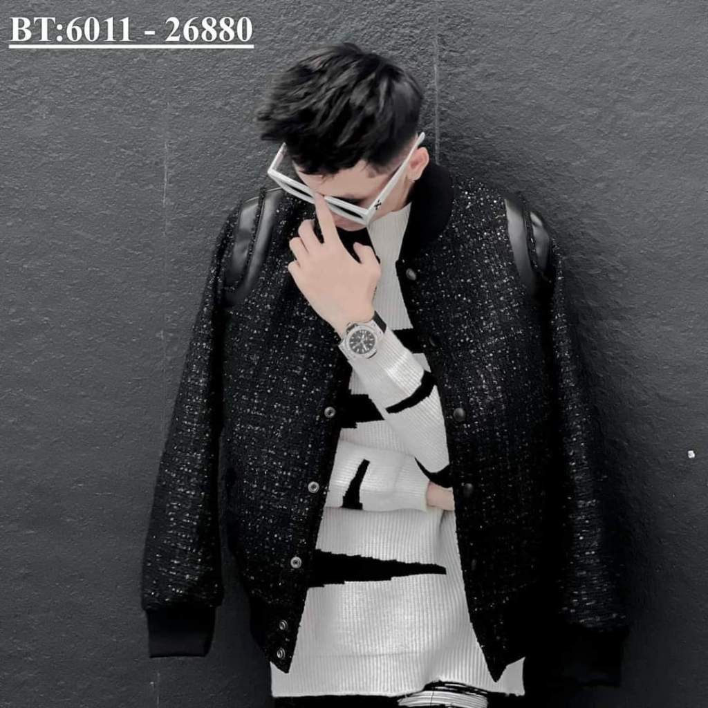 Áo Khoác Bomber Nam Nữ Phối Viền Da Cúc Bấm Sành Điệu, Chất Vải Dạ Lấp Lánh Tạo Phong Cách Sang Chảnh Thời Thượng