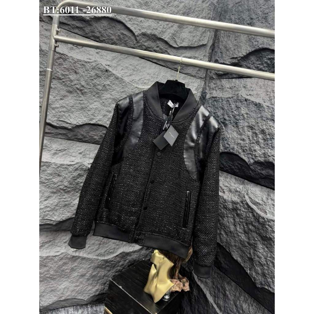 Áo Khoác Bomber Nam Nữ Phối Viền Da Cúc Bấm Sành Điệu, Chất Vải Dạ Lấp Lánh Tạo Phong Cách Sang Chảnh Thời Thượng