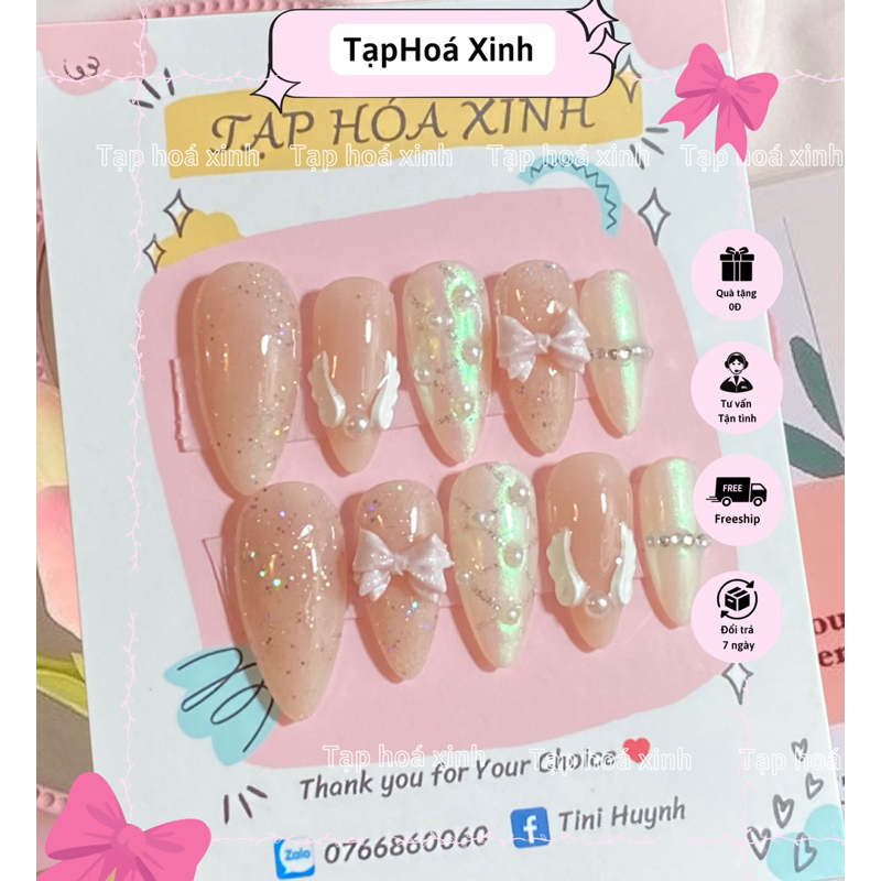 🌷Nailbox thiết kế nhũ thạch hồng đính nơ 🥰