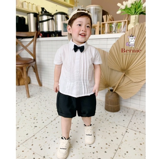Bộ sơ mi cộc tay bé trai xếp ly kèm nơ và quần short Bernie - Bộ công tử bé trai cho bé từ 9-27kg- 23B333